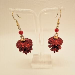 Christmas Earrings Red Sparkle Pinecones Red Bead